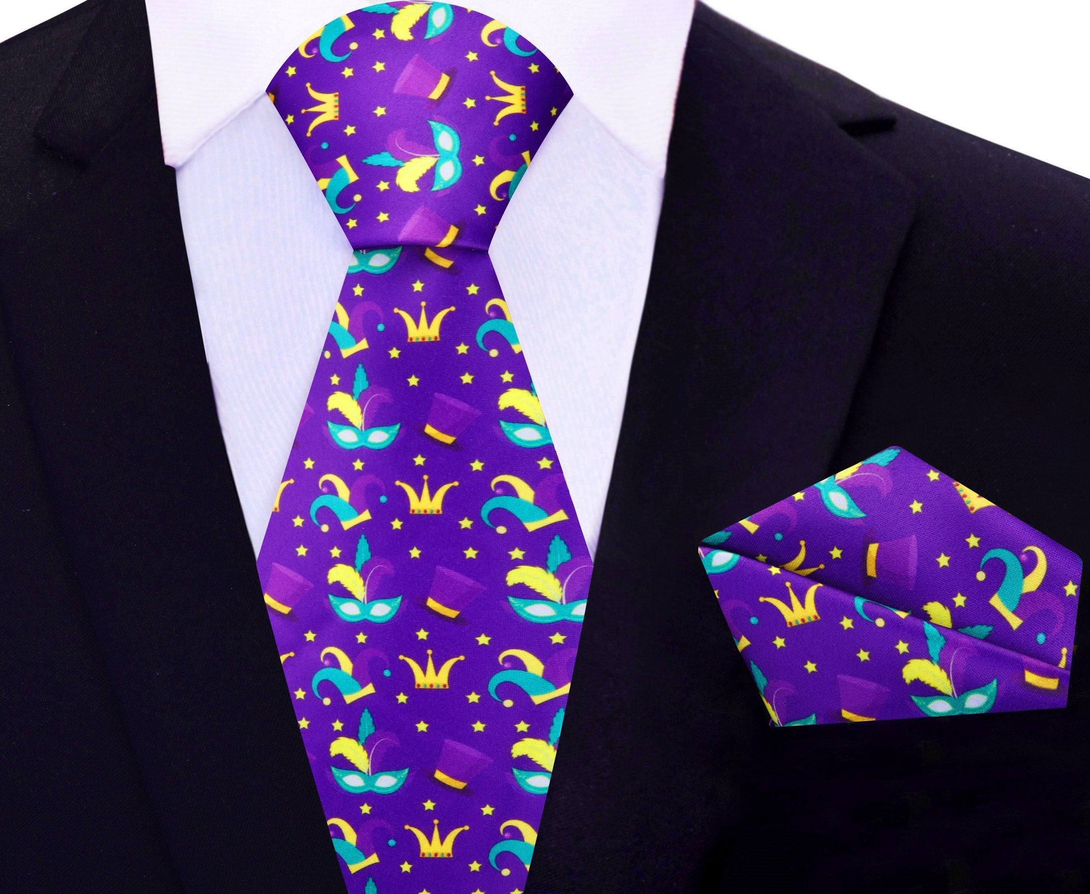 Close-up of Mardi Gras tie with colorful masks and hats for festive events