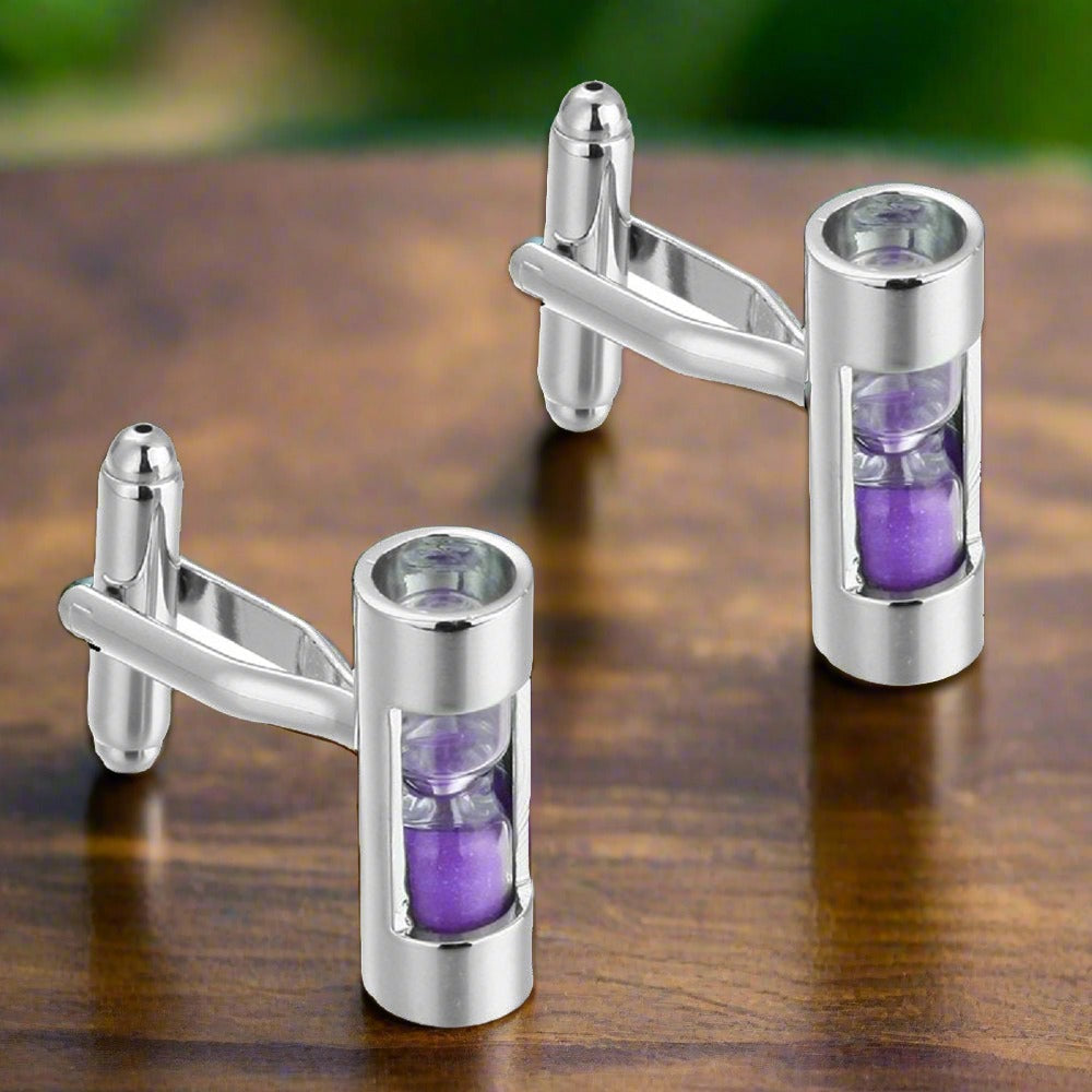Luxury hourglass cufflinks with white and purple sand, ideal for weddings and formal occasions