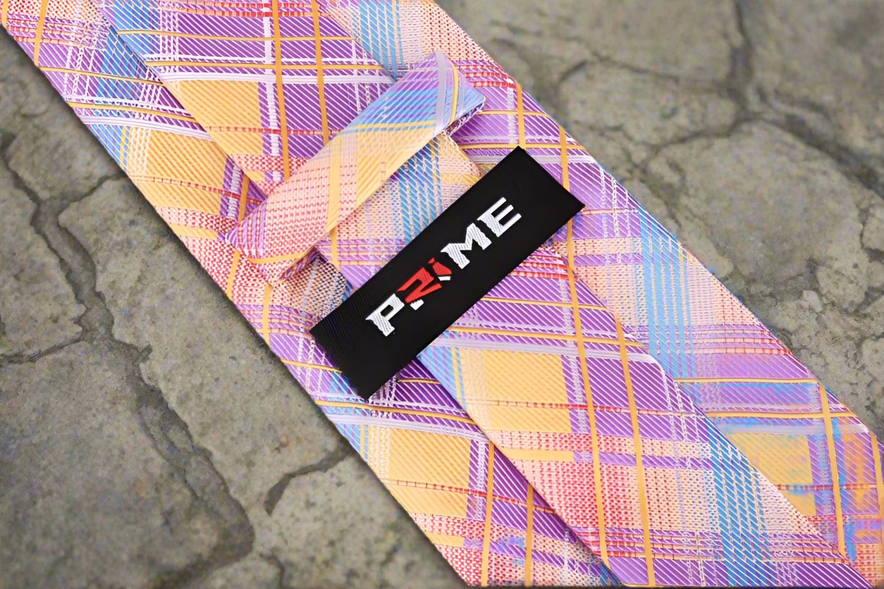 Model wearing the vibrant silk plaid tie with a white dress shirt and navy suit, suitable for business or wedding