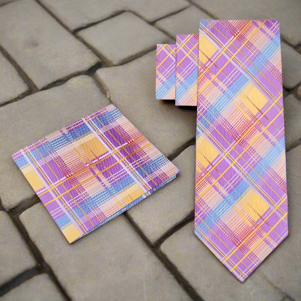 Close-up of Carlington silk plaid necktie in purple, orange, and blue showing detailed pattern