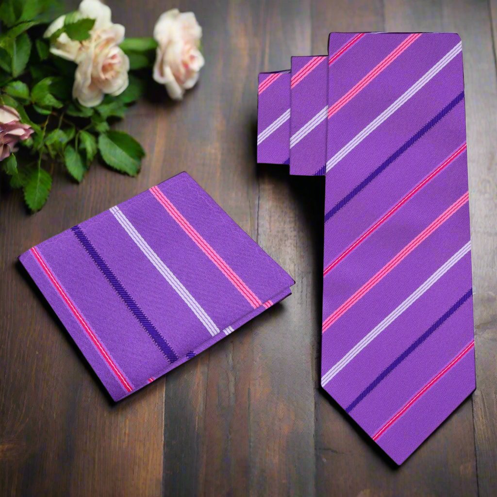 Elegant grey necktie with blue stripes displayed on a crisp white shirt