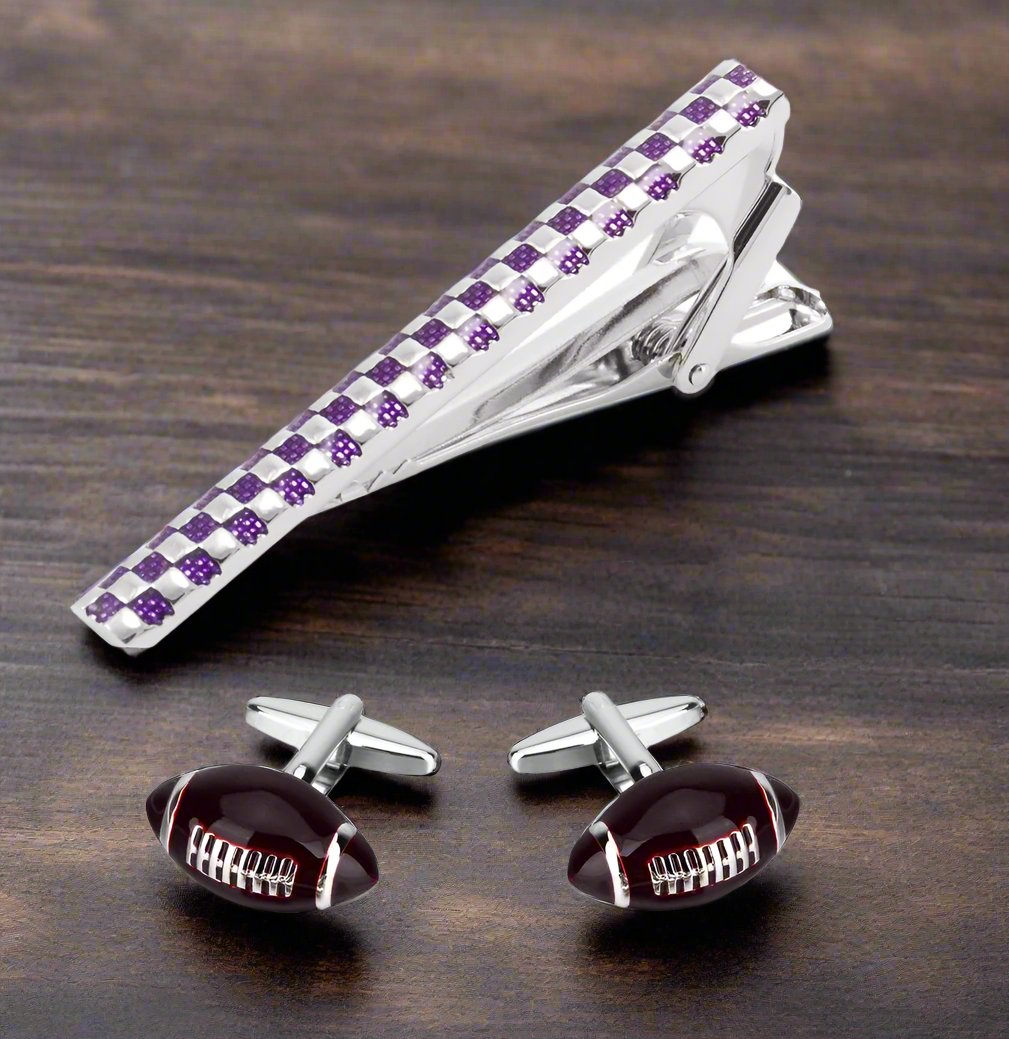 Close-up of football cufflinks and tie bar for men, perfect for game day accessories