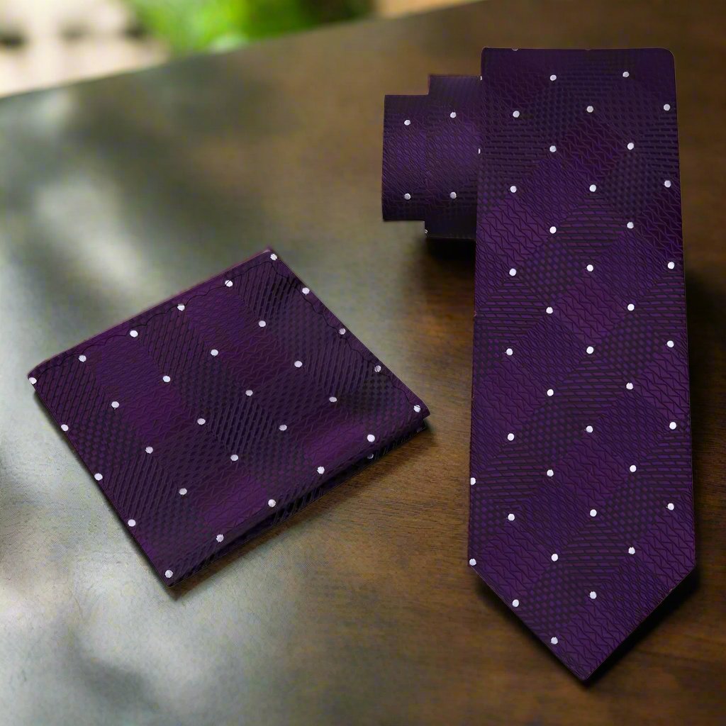 Close-up of the fabric texture and geometric pattern on the silk necktie