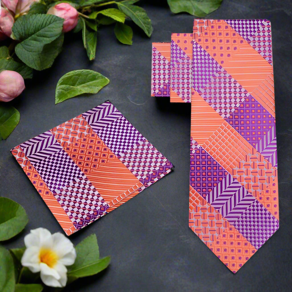 Close-up of fabric pattern and vibrant colors of the silk tie