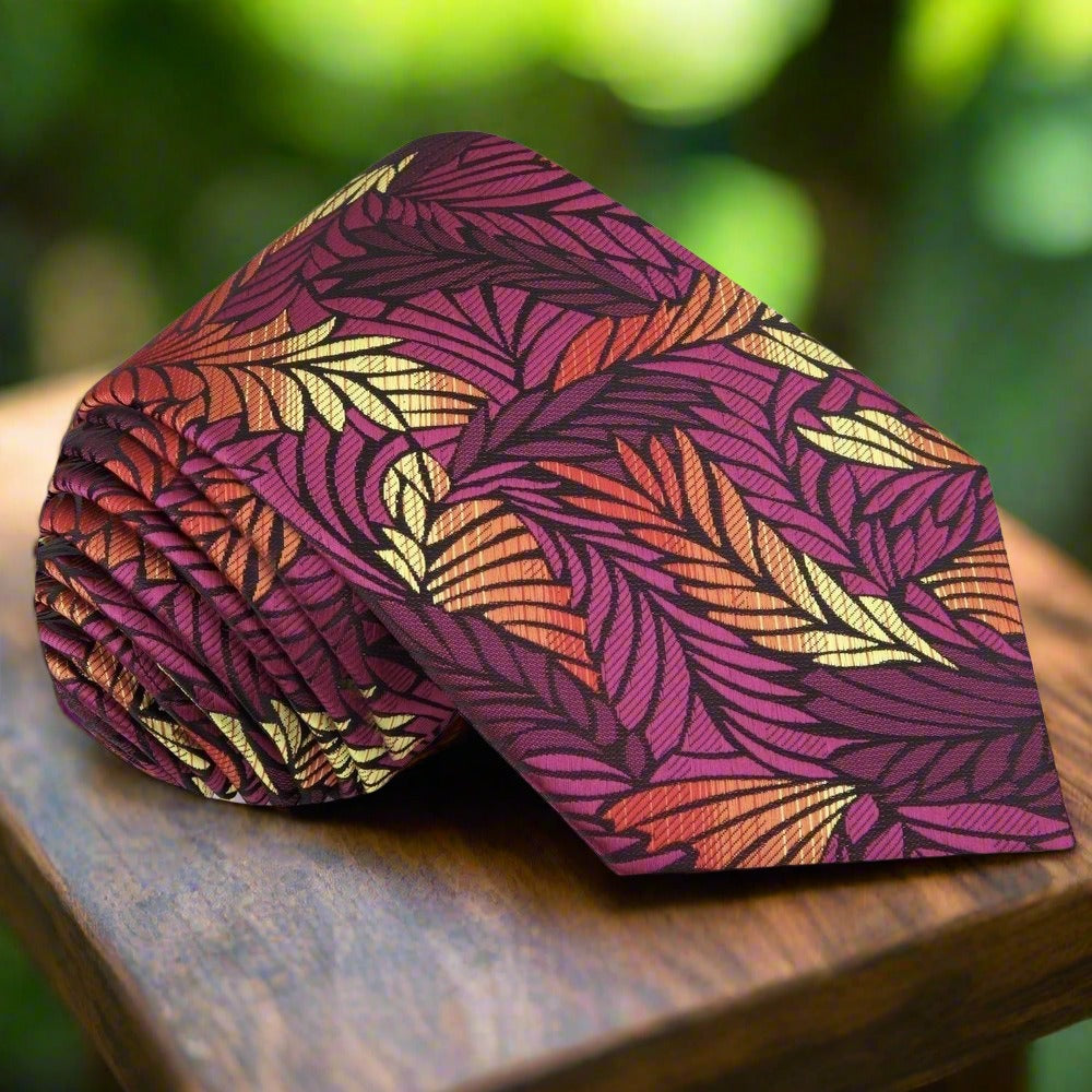 Angle view of the majestic feather pattern necktie showcasing its rich colors and design.