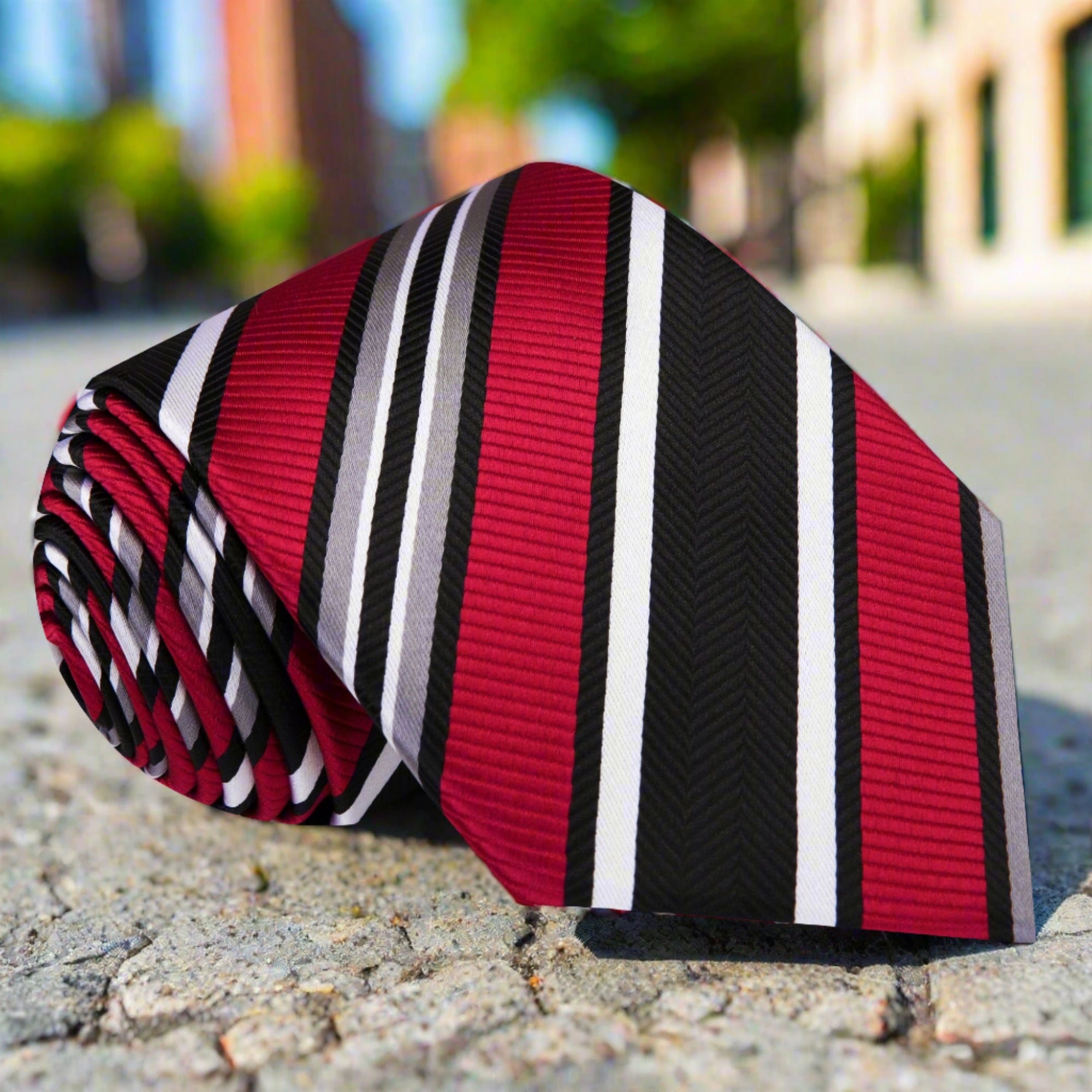 Front view of a red and black striped silk tie on a mannequin