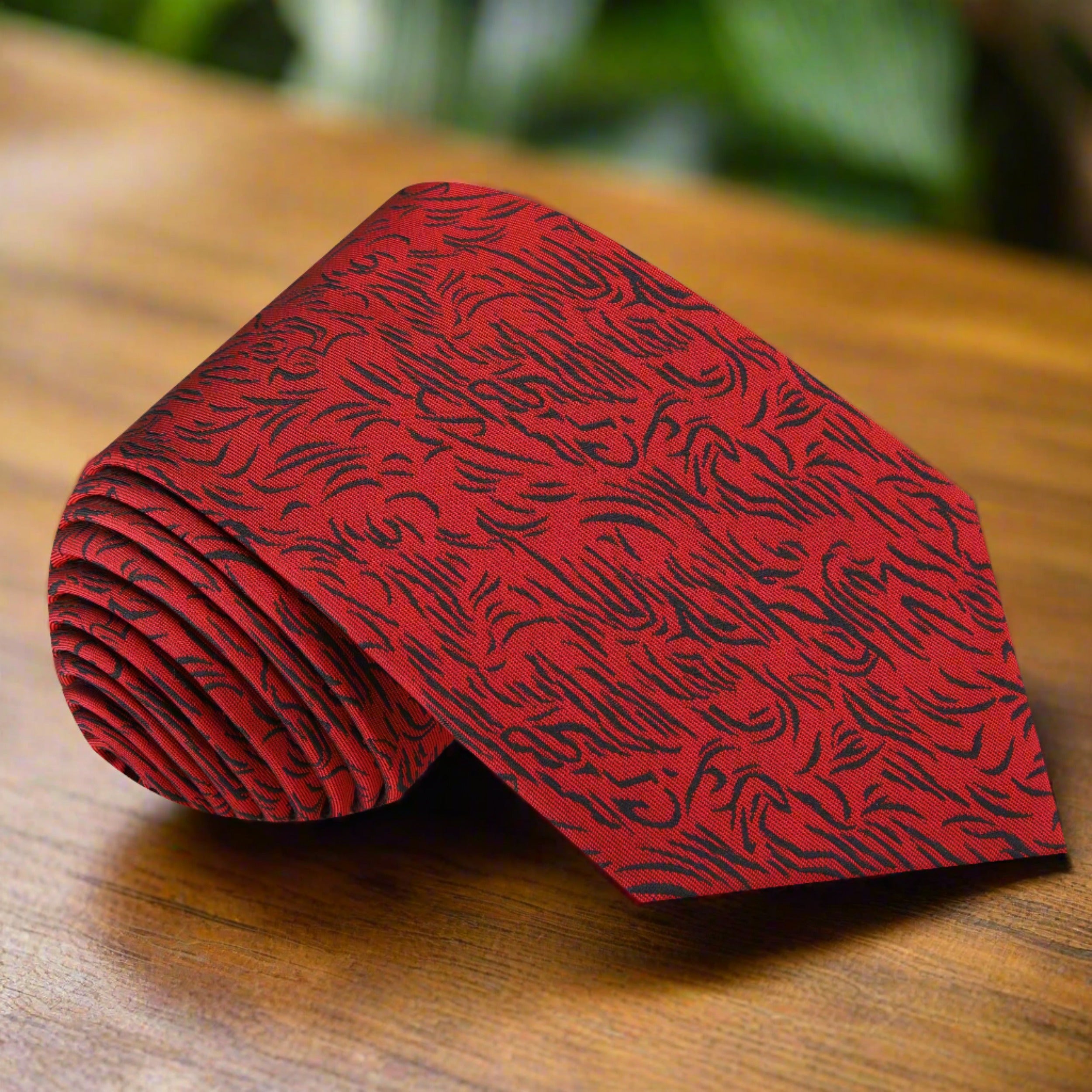 Close-up of the Prestige Red Silk Necktie showcasing black abstract lines.