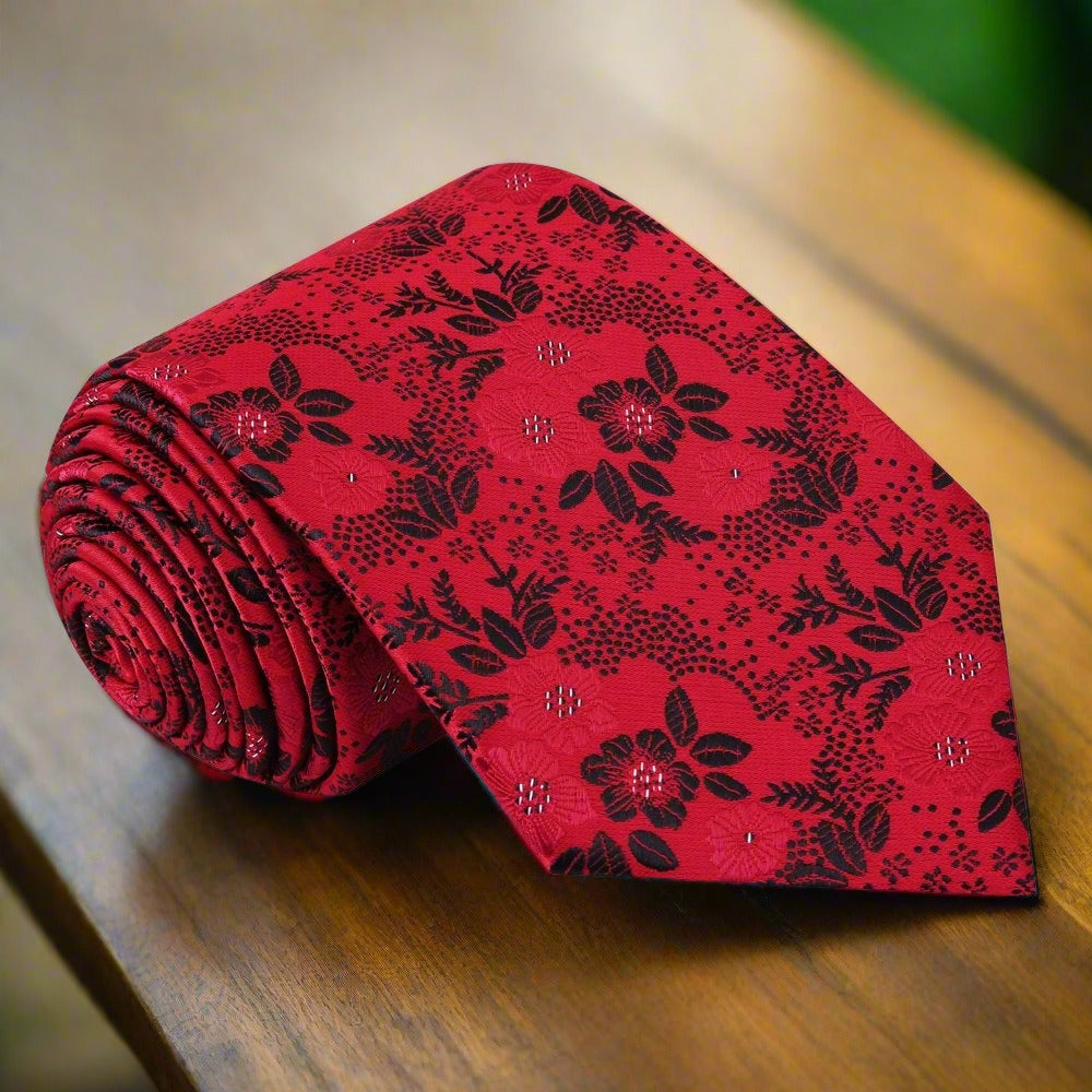 Close-up of floral necktie with small flower pattern in vibrant colors