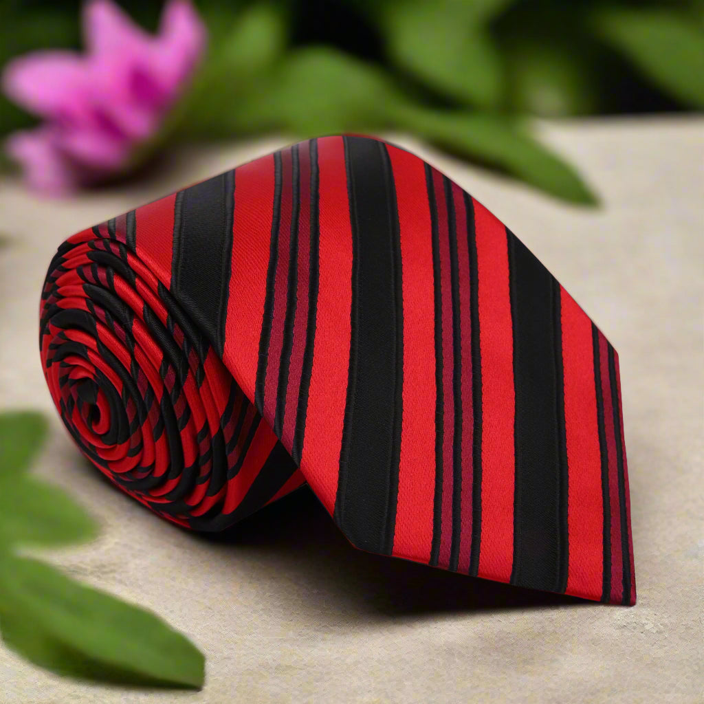 Elegant silk men's stripe tie displayed on a hanger for formal wear