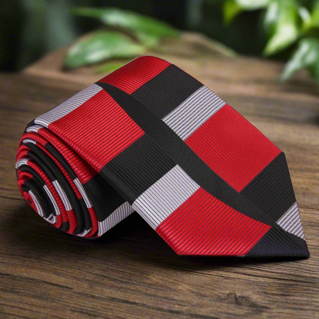 Close-up of the red geometric men's necktie showcasing its intricate pattern.