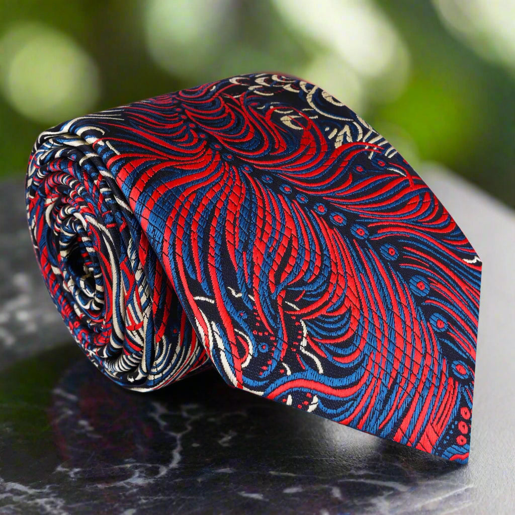 Feather Elegance Silk Necktie showcasing a vibrant feather pattern, ideal for evening events. Feather Elegance Silk Necktie showcasing a vibrant feather pattern, ideal for evening events.