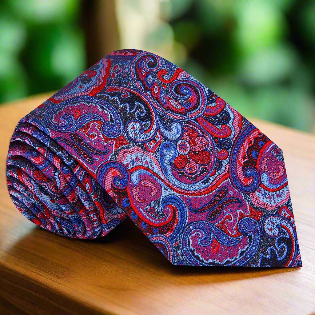 Close-up of the artistic paisley pattern on the silk tie, vibrant red and blue shades