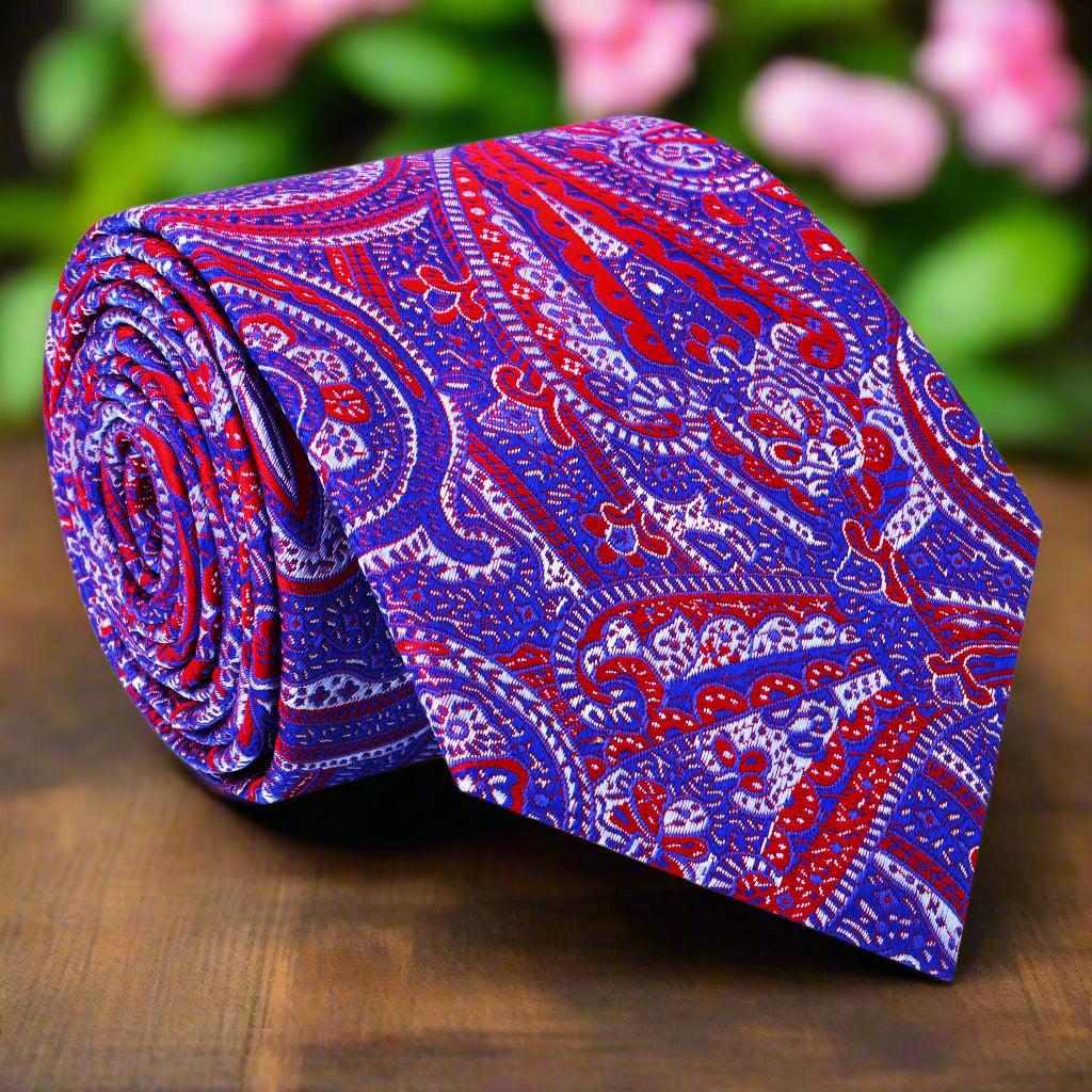 Close-up of the elegant paisley silk necktie showcasing intricate patterns and colors.