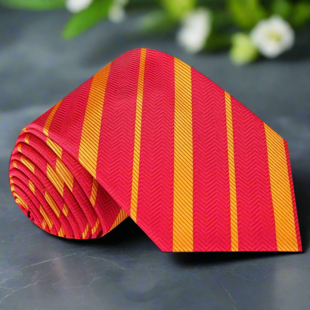 Men's silk stripe necktie showing vibrant red and gold stripes for weddings and office wear