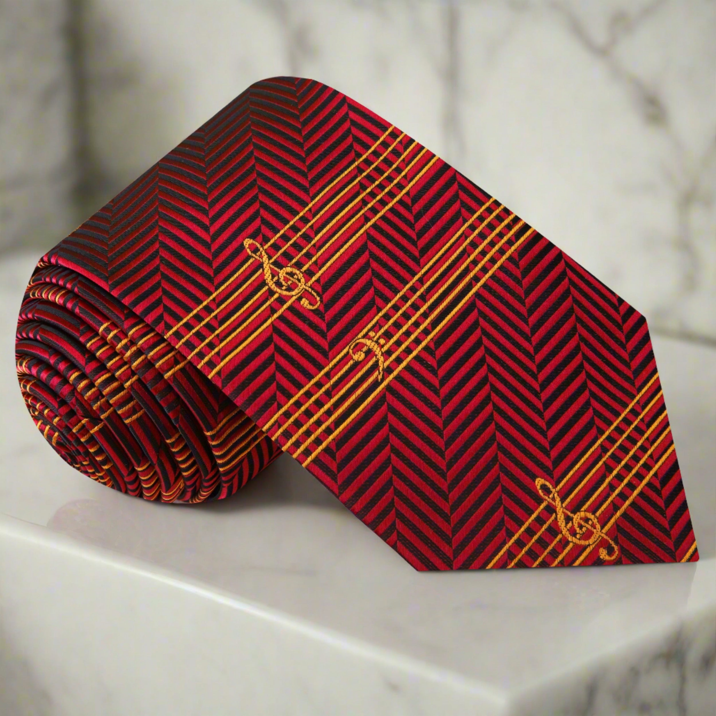 Close-up of a red silk necktie with music sheet pattern, ideal for formal music events