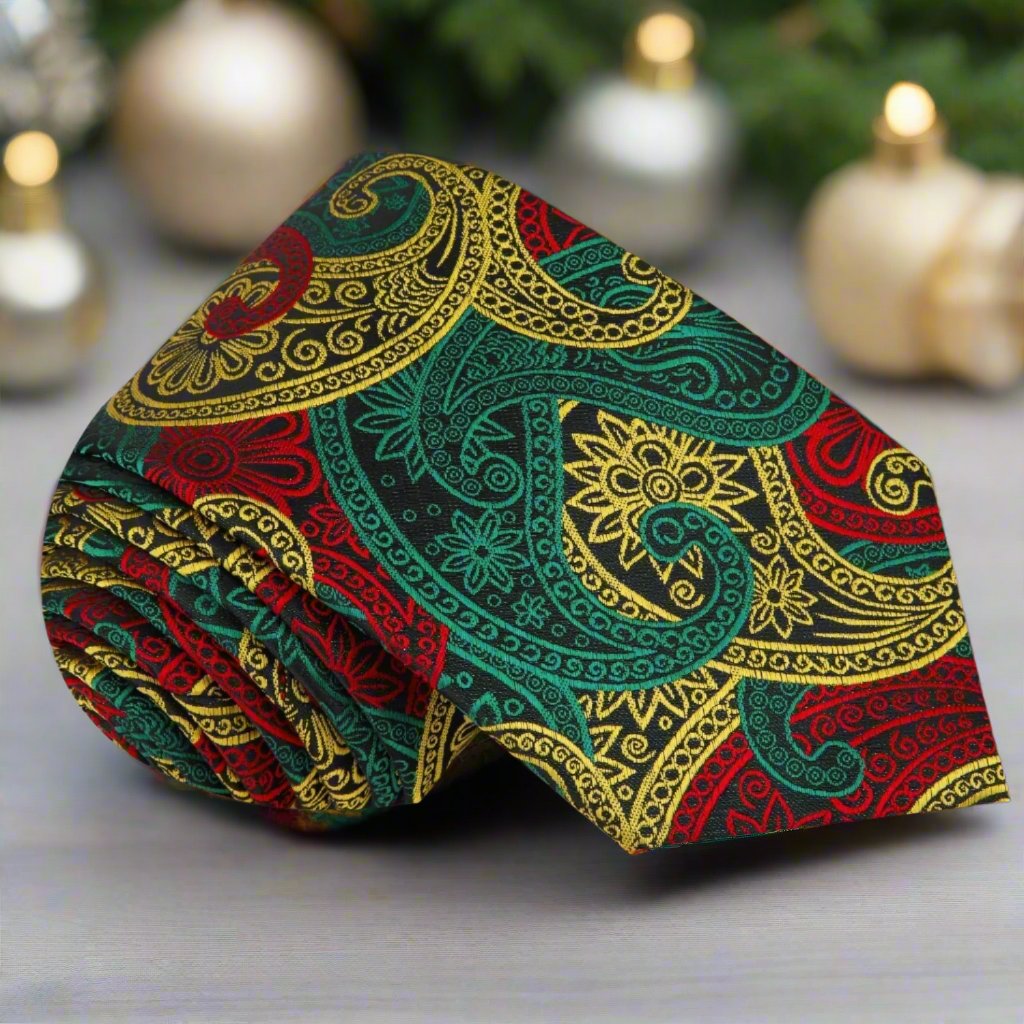 Fashionable paisley tie with vibrant red and green colors for Christmas parties