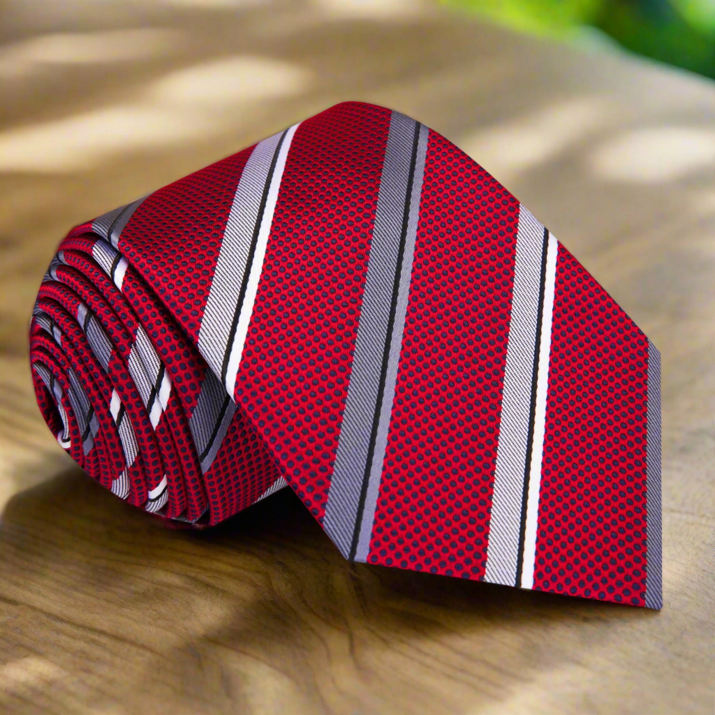 Close-up of the Elite Striped Silk Necktie displaying its red and grey stripe pattern.