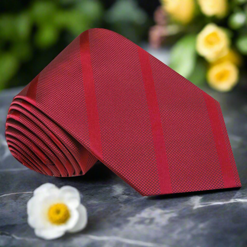 Men's silk tie with red stripe pattern, ideal for formal events