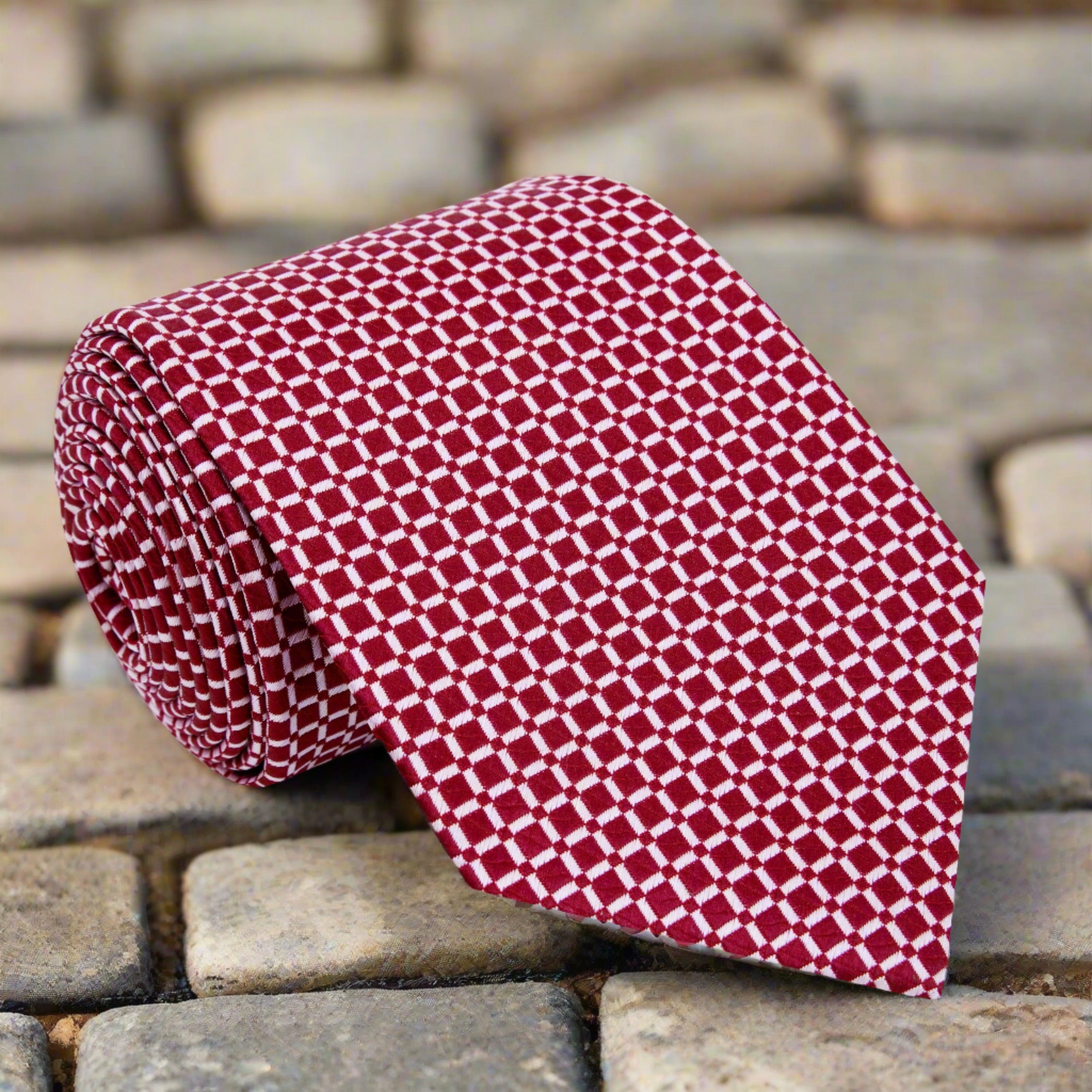 Close-up of geometric checkered pattern on men's necktie for formal wear