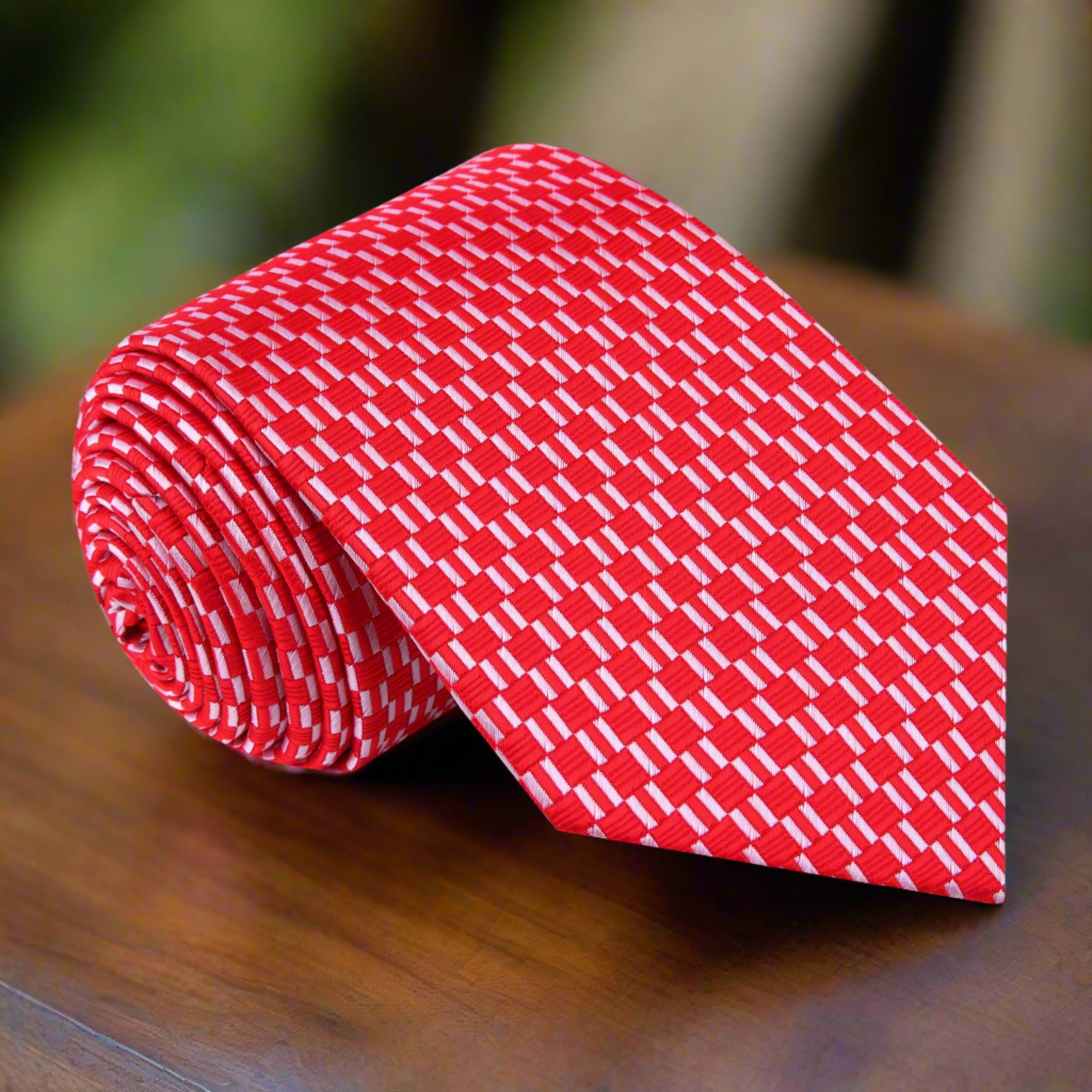 Close-up of geometric silk tie showcasing red and white pattern for formal occasions
