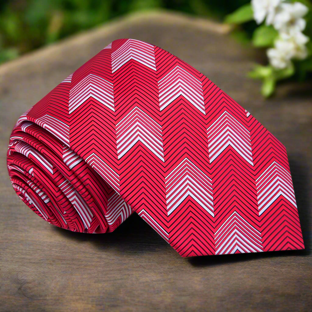Front view of a chevron necktie in dark blue with light grey lines, ideal for formal events