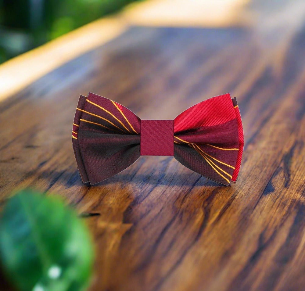 Close-up of the elegant brown abstract silk bow tie, highlighting the rich textures and colors.