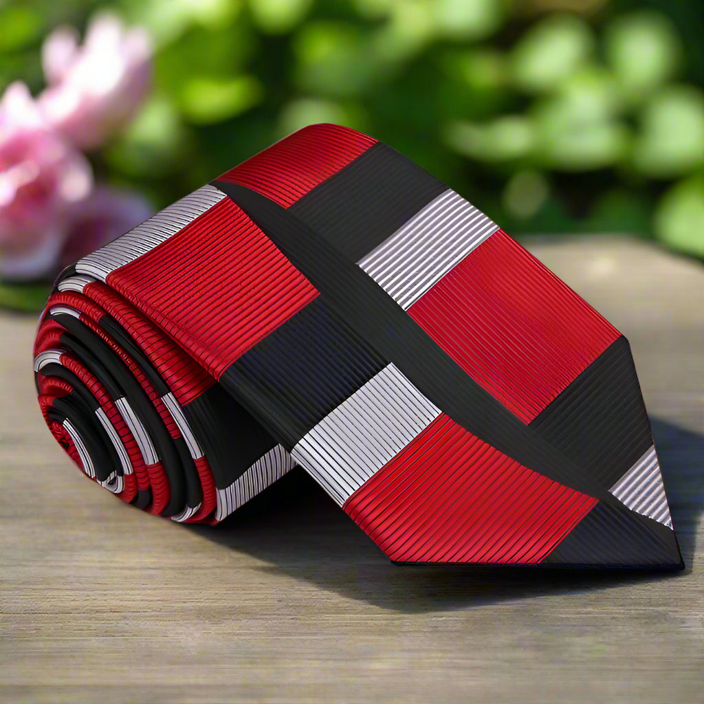 Close-up of Westcott mens geometric silk necktie with vibrant abstract pattern