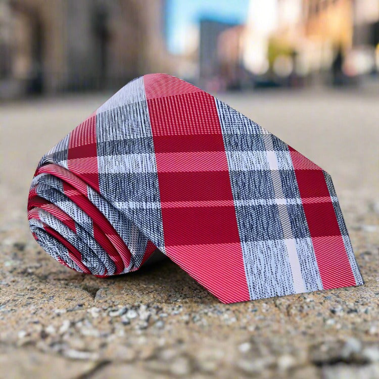 Elegant plaid silk necktie with vibrant red and blue colors for men’s formal and casual looks