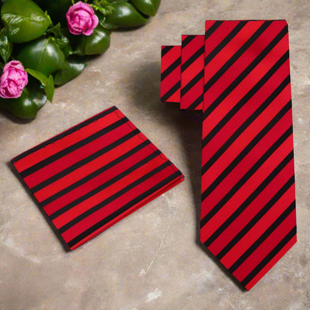 Red and black stripe silk tie paired with a crisp white shirt for formal events