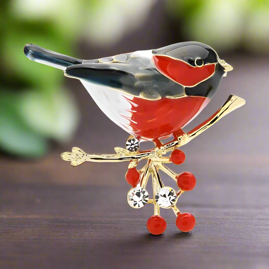 Close-up of a colorful robin lapel pin showcasing vibrant details and chrome finish