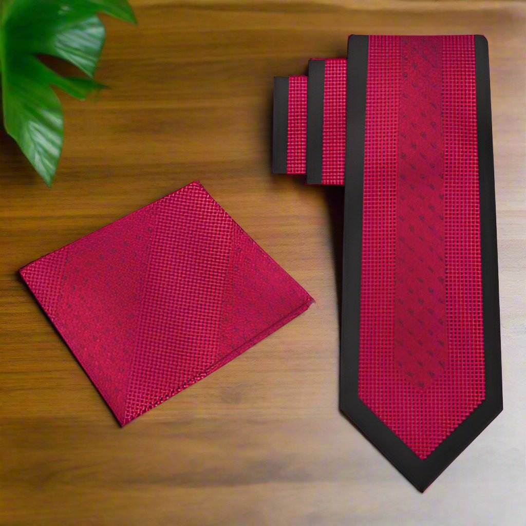 The necktie displayed with a matching pocket square, highlighting its vibrant design.