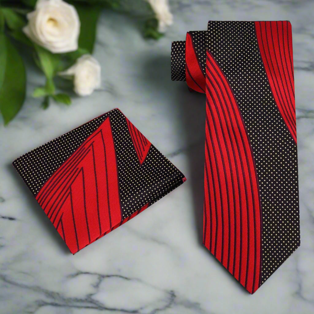 Formal setting with a man wearing the red, black, and gold necktie, presenting confidently.
