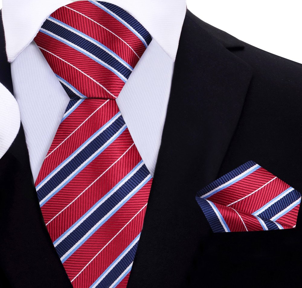 Close-up of red, blue, and white striped silk necktie for formal occasions