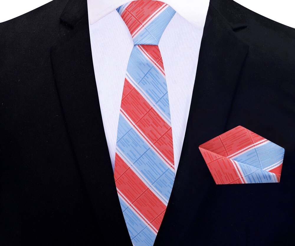 Front view of stylish stripe pattern silk tie in blue and grey for formal occasions