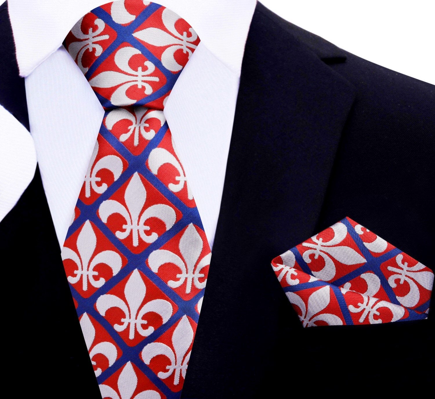 Stylish man wearing a fleur-de-lis necktie at a formal event.
