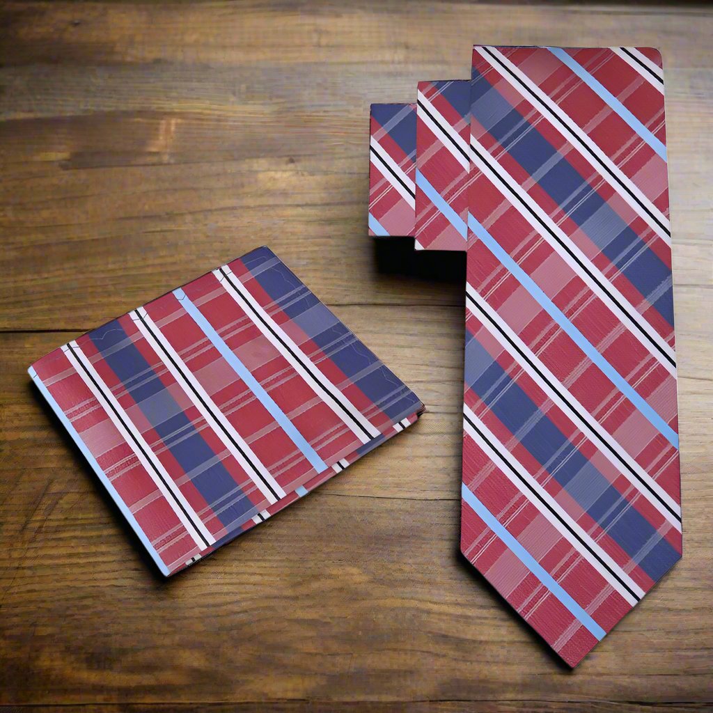 Close-up of a stylish mens plaid tie in blue and yellow, suitable for formal events
