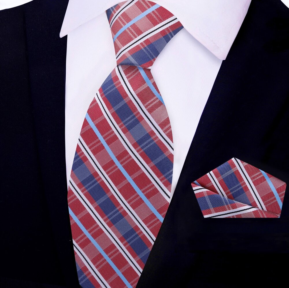 Flat lay of the Arcadia plaid tie with matching pocket square, showcasing vibrant colors