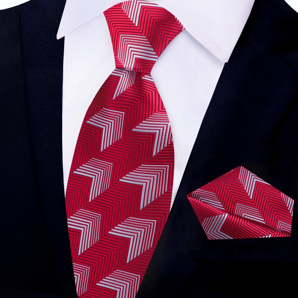 Dynamic Chevron Necktie in Red with Silver, displayed with a matching pocket square for a polished look.
