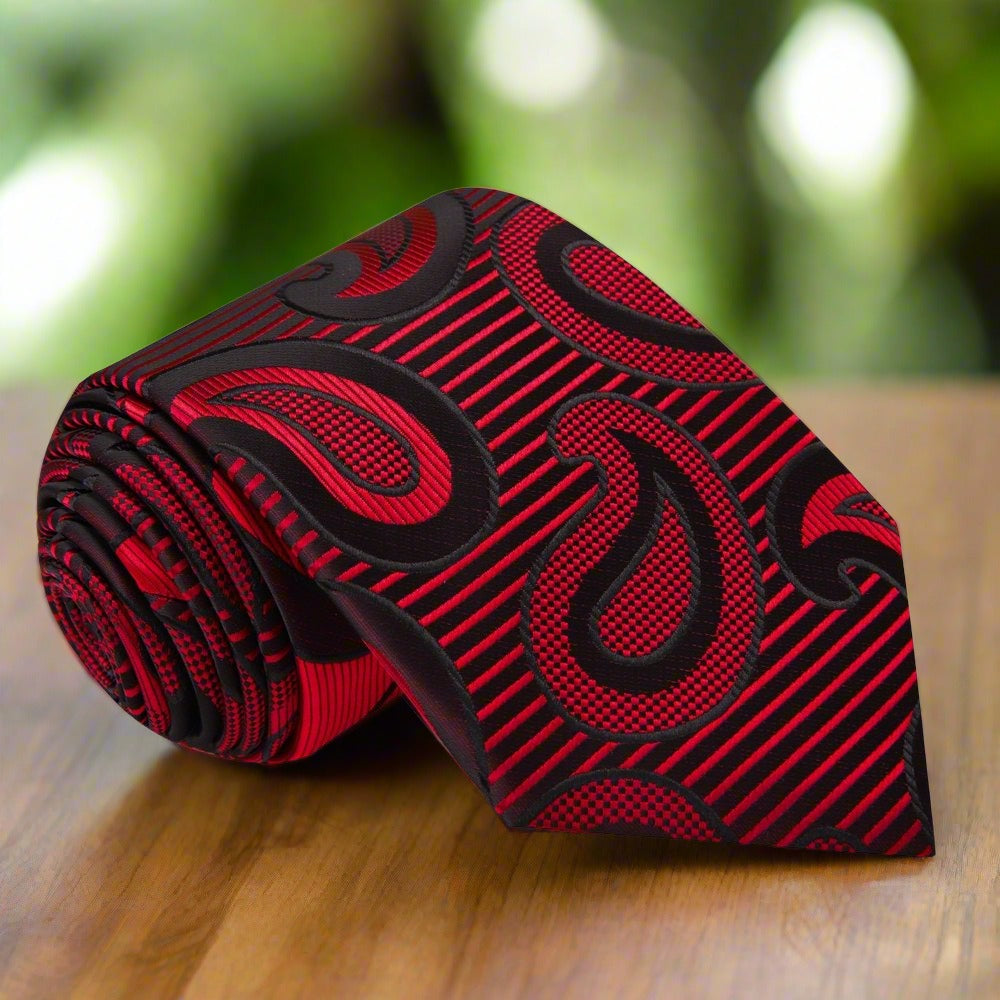 Elegant paisley silk necktie with intricate pattern in violet and gold for weddings