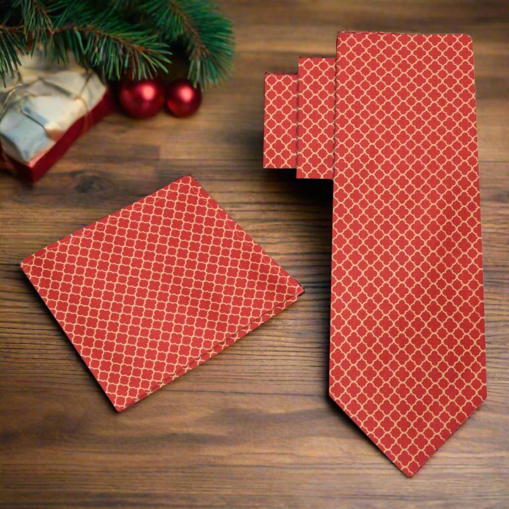 Close-up of a silk necktie showing intricate gold quatrefoil design