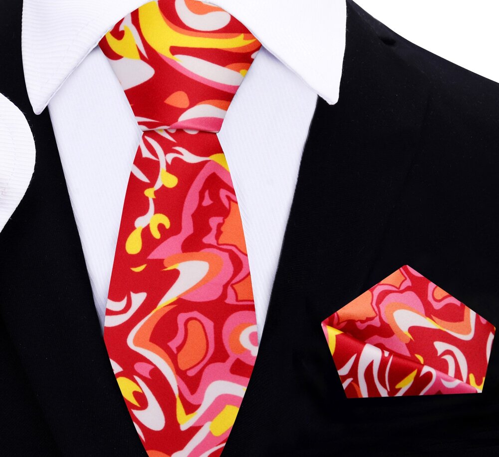 Artistic necktie displayed on a mannequin, highlighting its colorful design.