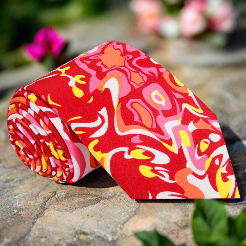 Close-up of the artistic watercolor necktie showcasing its vibrant abstract pattern.