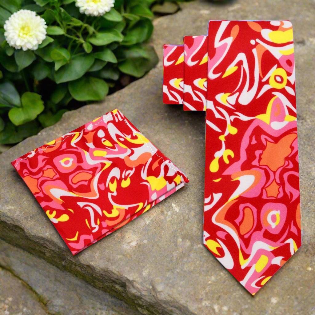 Close-up of the artistic watercolor necktie showcasing its vibrant abstract pattern.