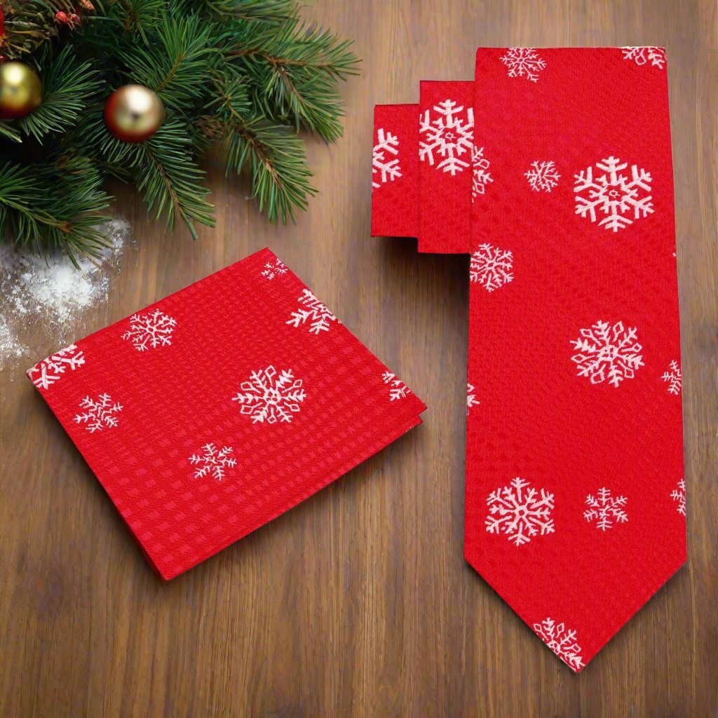 Front view of the festive red snowflake necktie, perfect for holiday parties.