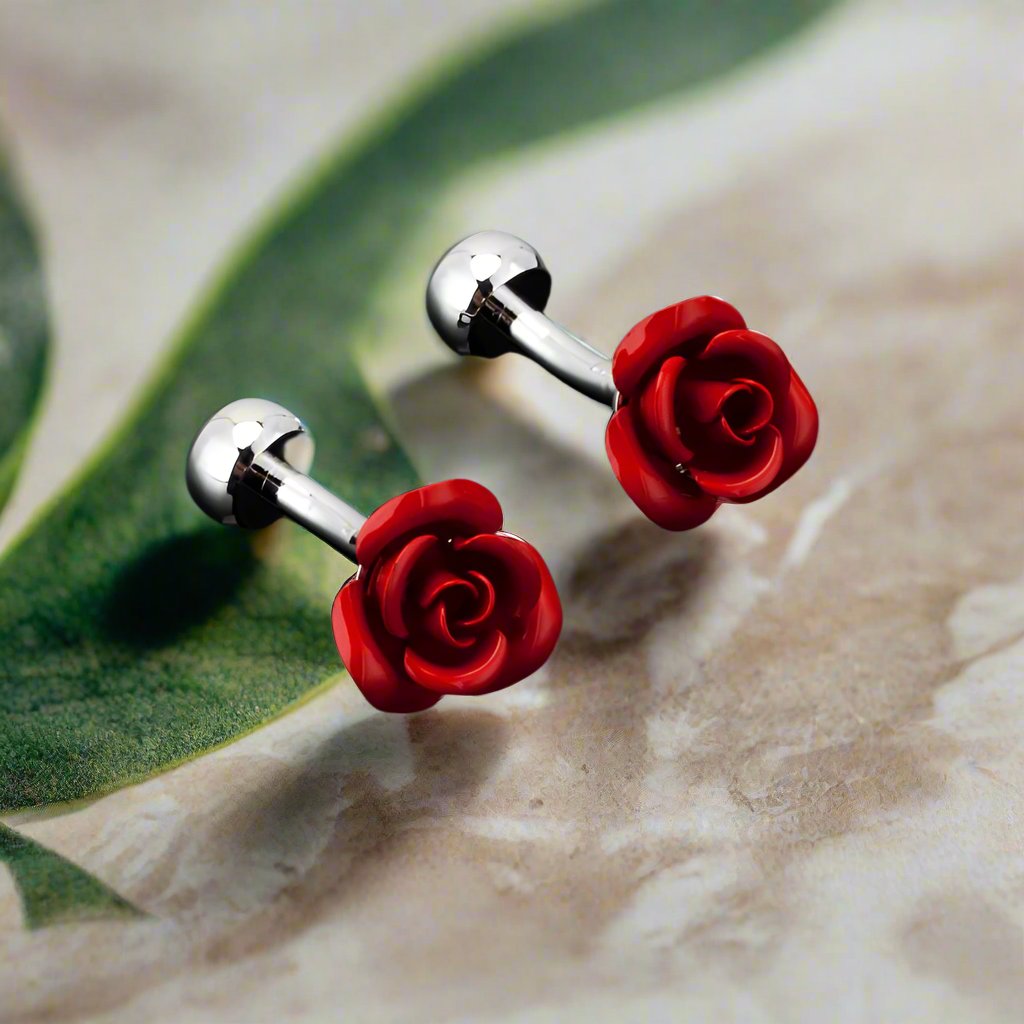 Close-up of elegant rose cufflinks set, showcasing the intricate design.