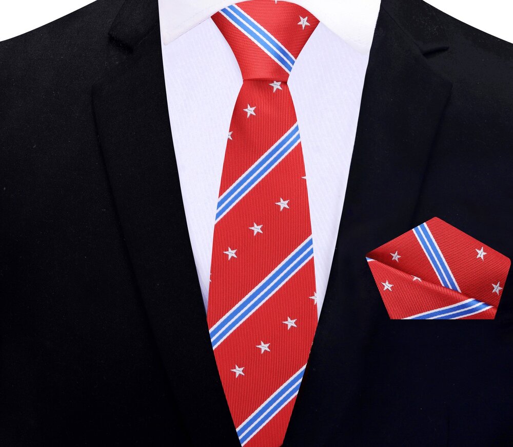 Model wearing the American flag necktie with a light blue dress shirt, perfect for casual and formal settings.