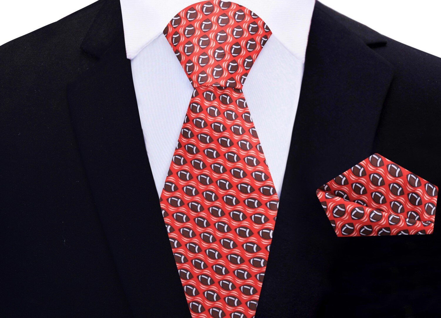 Close-up of blue football tie with brown football pattern for sports fans
