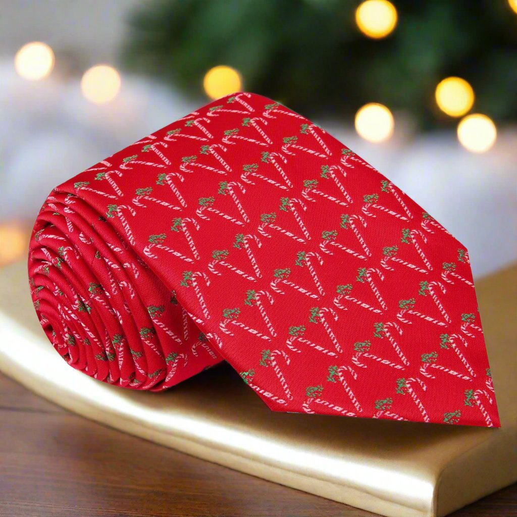 Close-up of candy cane pattern tie with holly berries for festive holiday outfits