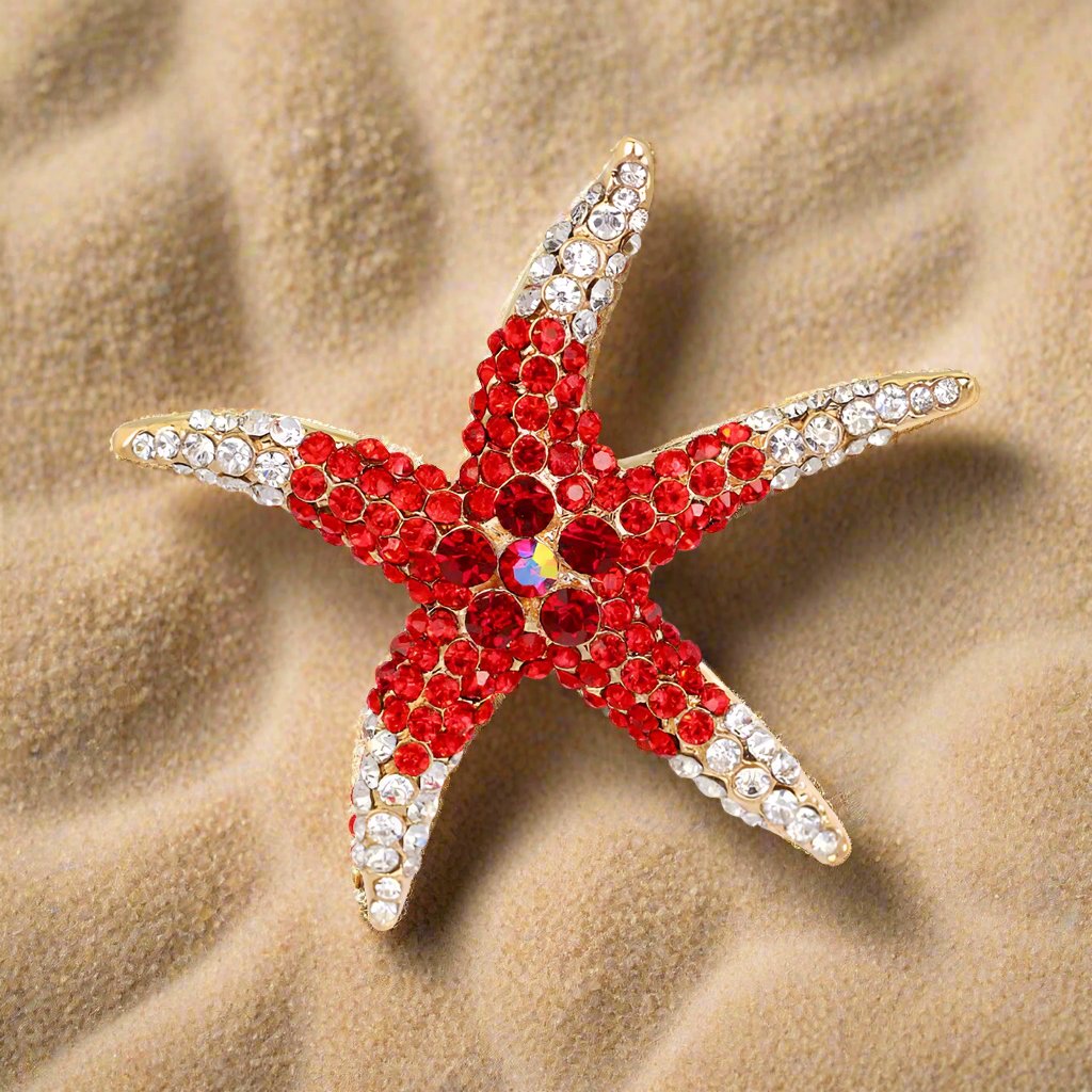 Starfish lapel pin in purple, paired with a beige suit jacket—ideal for beach weddings.