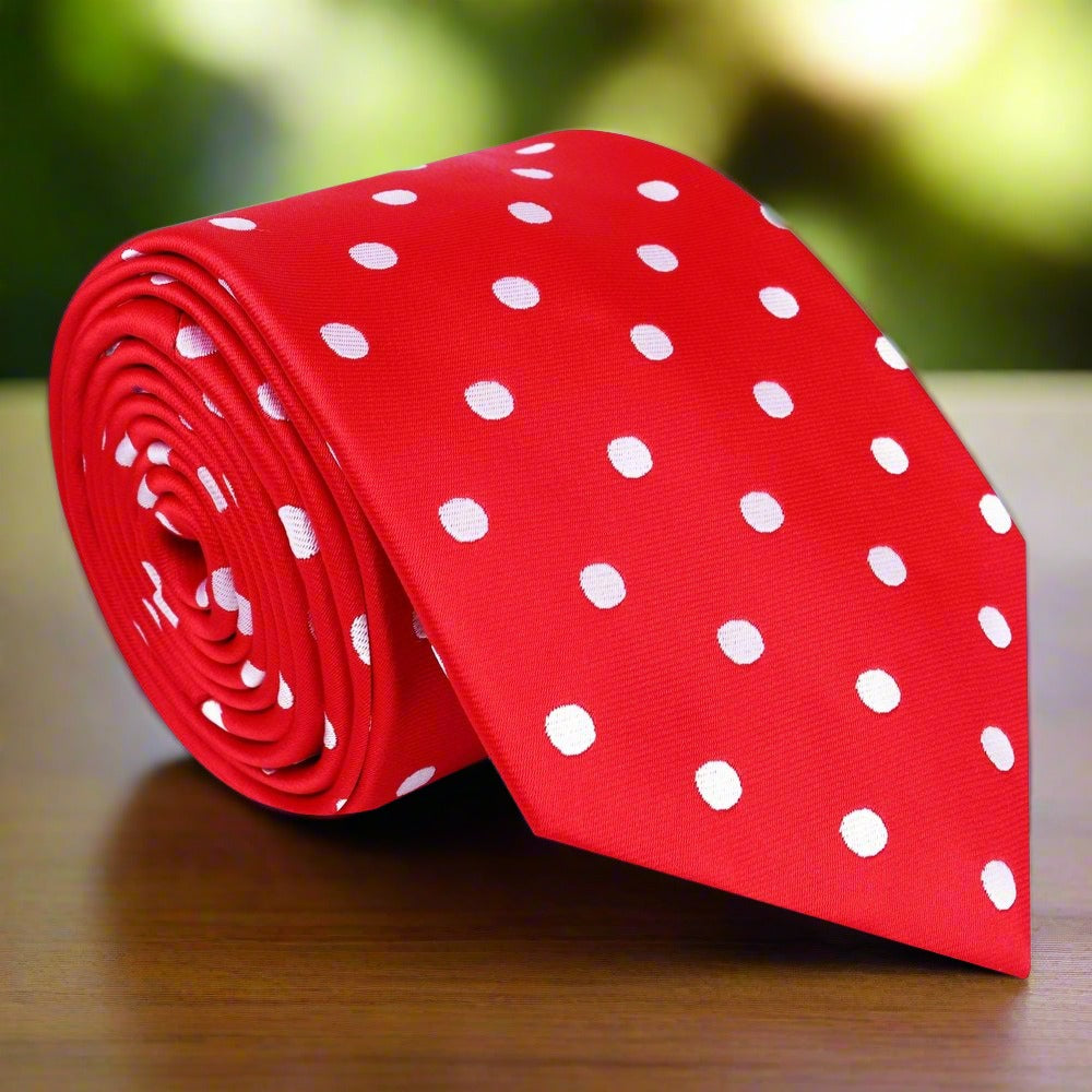 Man wearing a stylish polka dot silk tie with a navy suit at a formal event